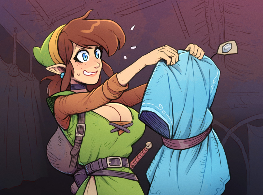 backpack bag belt blue_eyes breasts brellom brown_hair champion's_tunic_(zelda) choker cleavage curtains ear_piercing earrings genderswap genderswap_(mtf) green_hat hat holding holding_clothes huge_breasts indoors jewelry large_breasts link nervous_smile piercing pointy_ears price_tag rupee_(zelda) sidelocks smile sword the_legend_of_zelda tunic weapon