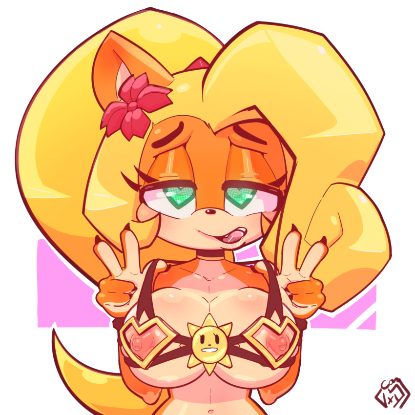 1:1 2021 5_fingers accessory activision anthro areola big_breasts blonde_hair breasts claws cleavage clothed clothing coco_bandicoot crash_bandicoot_(series) eyebrows eyelashes female fingers flower flower_in_hair gesture green_eyes hair hair_accessory half-closed_eyes hand_gesture heart_eyes heart_symbol hi_res ineffective_clothing long_hair looking_at_viewer mammal marsupial narrowed_eyes nipples pink_areola pink_nipples plant pose signature solo teeth tongue tongue_out topwear v_sign vixycore