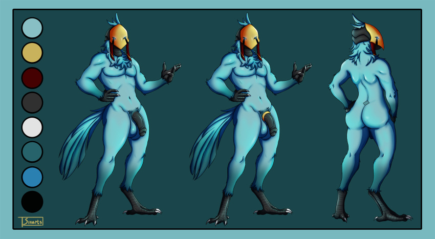 accessory animal_humanoid anthro avian avian_humanoid balls big_balls big_butt big_penis bird_humanoid blue_body blue_eyes butt chest_tuft clothed clothing cock_ring feet flaccid genitals glowing glowing_eyes hand_on_hip hi_res humanoid jewelry male mask model_sheet multicolored_body nails nude partially_clothed penis penis_accessory penis_jewelry sinarts solo tail talons toes tuft two_tone_body vein veiny_penis