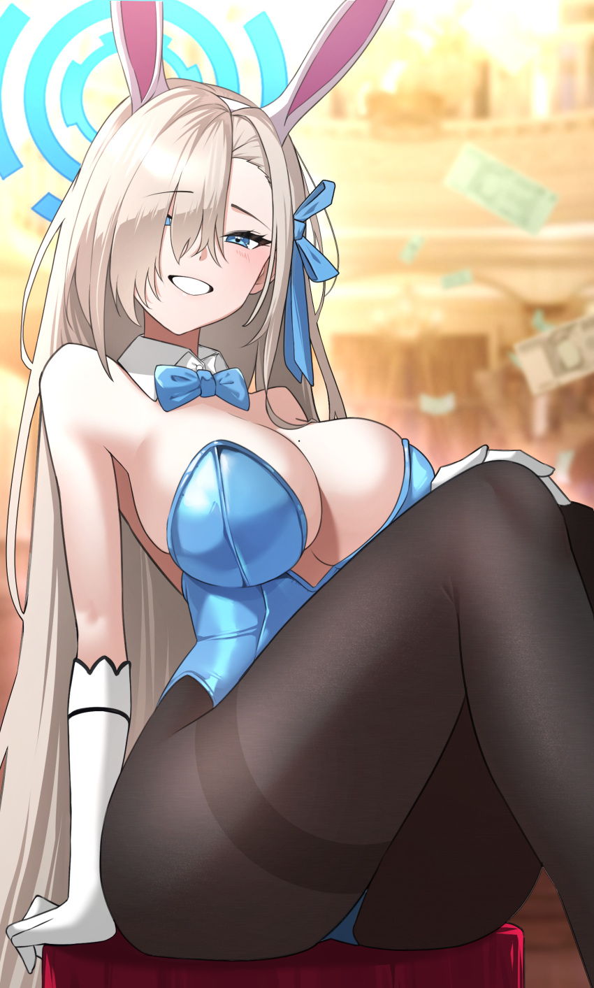 1girl absurdres animal_ears asuna_(blue_archive) asuna_(bunny)_(blue_archive) black_pantyhose blue_archive blue_bow blue_bowtie blue_eyes blue_halo blue_leotard blue_ribbon blush bow bowtie commentary detached_collar dori_(choejeongmin7) fake_animal_ears feet_out_of_frame gloves grin hair_over_one_eye hair_ribbon halo highres leotard light_brown_hair long_hair looking_at_viewer official_alternate_costume pantyhose rabbit_ears ribbon sitting smile solo strapless strapless_leotard white_gloves