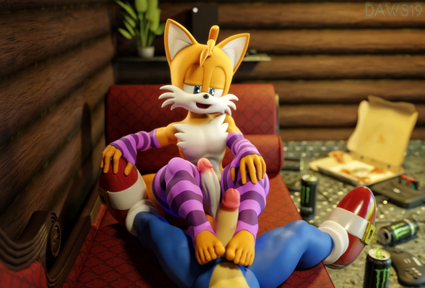 3d_(artwork) 5_toes anthro armwear canid canine chair clothing daws19 digital_media_(artwork) duo eulipotyphlan feet fingerless_gloves first_person_view food foot_fetish foot_play footjob footwear fox furniture genitals gloves handwear hedgehog hi_res humanoid_genitalia humanoid_penis legwear lounge_chair male male/male mammal messy_room miles_prower monster_energy pattern_armwear pattern_clothing pattern_legwear penis pizza pizza_box sega sega_genesis sex socks sonic_the_hedgehog sonic_the_hedgehog_(series) stirrup_socks striped_armwear striped_clothing striped_legwear stripes toes video_games