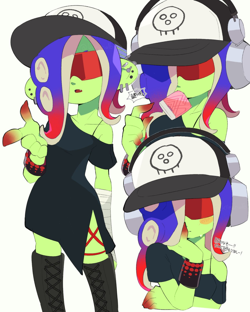 1girl arm_behind_back bandaged_arm bandages baseball_cap black_dress black_footwear blue_hair blush_stickers boots bracelet closed_mouth color_chip_(splatoon) colored_skin commentary_request cross-laced_slit dedf1sh dress earrings fang gradient_hair green_skin hand_on_own_face hat headphones headphones_over_headwear highres jewelry kiirono knee_boots long_hair mouth_hold multicolored_hair multiple_earrings multiple_views octoling off-shoulder_dress off_shoulder open_mouth pointing print_headwear red-tinted_eyewear red_hair sanitized_(splatoon) side_slit single_bare_shoulder speech_bubble splatoon_(series) splatoon_3 splatoon_3:_side_order standing suction_cups sunglasses sweat tentacle_hair tinted_eyewear translation_request two-tone_hair white_background