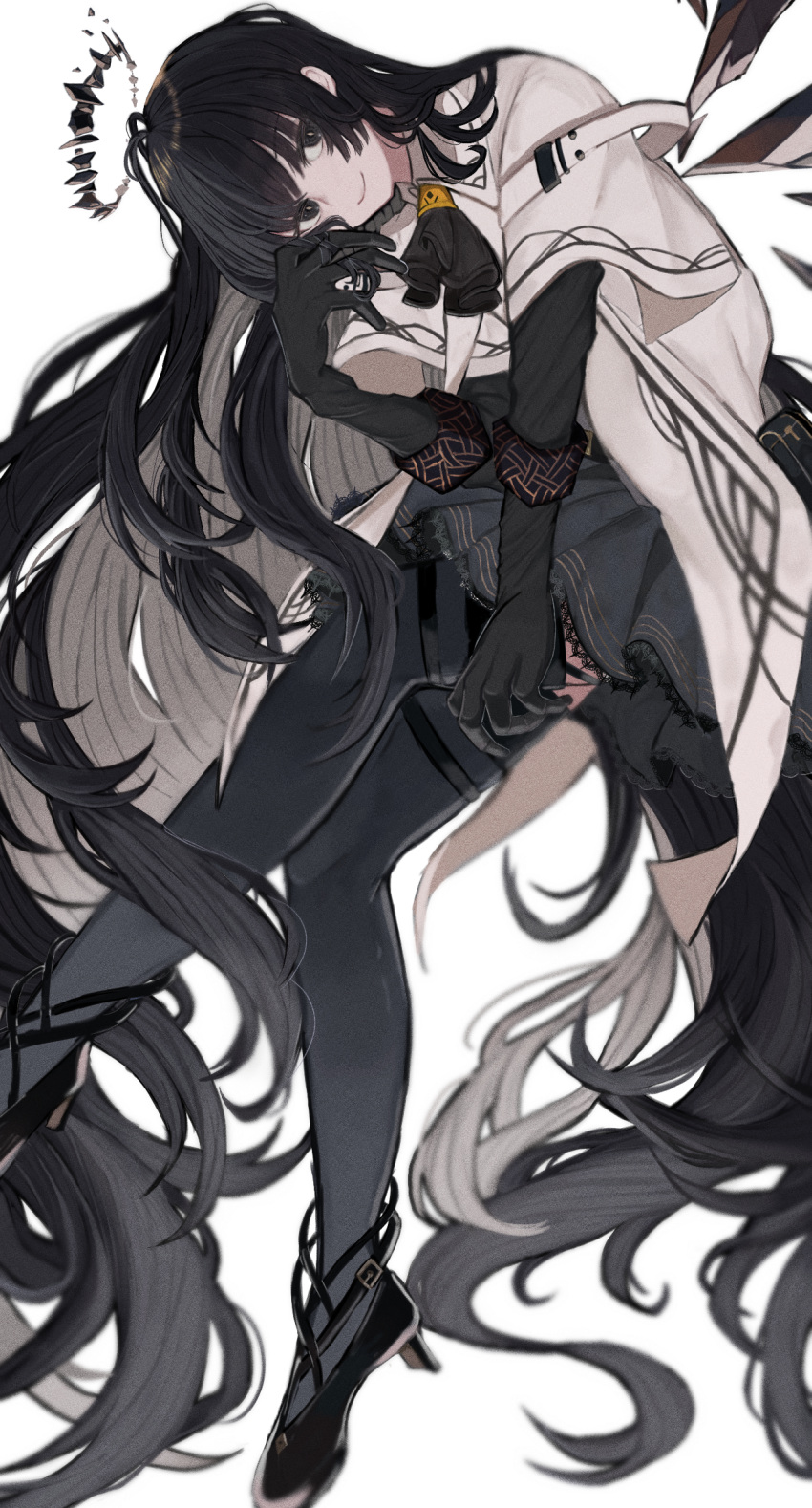 1girl absurdly_long_hair antenna_hair arknights ascot ayahito_(aya10n) black_ascot black_eyes black_footwear black_gloves black_hair black_halo black_skirt black_thighhighs black_wings blurry broken_halo closed_mouth coat collared_coat colored_inner_hair commentary dark_halo detached_wings diamond-shaped_pupils diamond_(shape) energy_wings film_grain floating floating_hair from_side full_body gloves grey_hair halo hand_in_own_hair hand_up head_down high_heels highres knees lace-trimmed_skirt lace_trim layered_sleeves legs long_hair long_sleeves looking_at_viewer looking_to_the_side miniskirt multicolored_hair pale_skin pleated_skirt short_over_long_sleeves short_sleeves simple_background skirt smile solo straight_hair strap strappy_heels symbol-shaped_pupils tailcoat thighhighs thighs turning_head two-tone_hair very_long_hair virtuosa_(arknights) white_background white_coat wide_sleeves wing_collar wings yellow_pupils