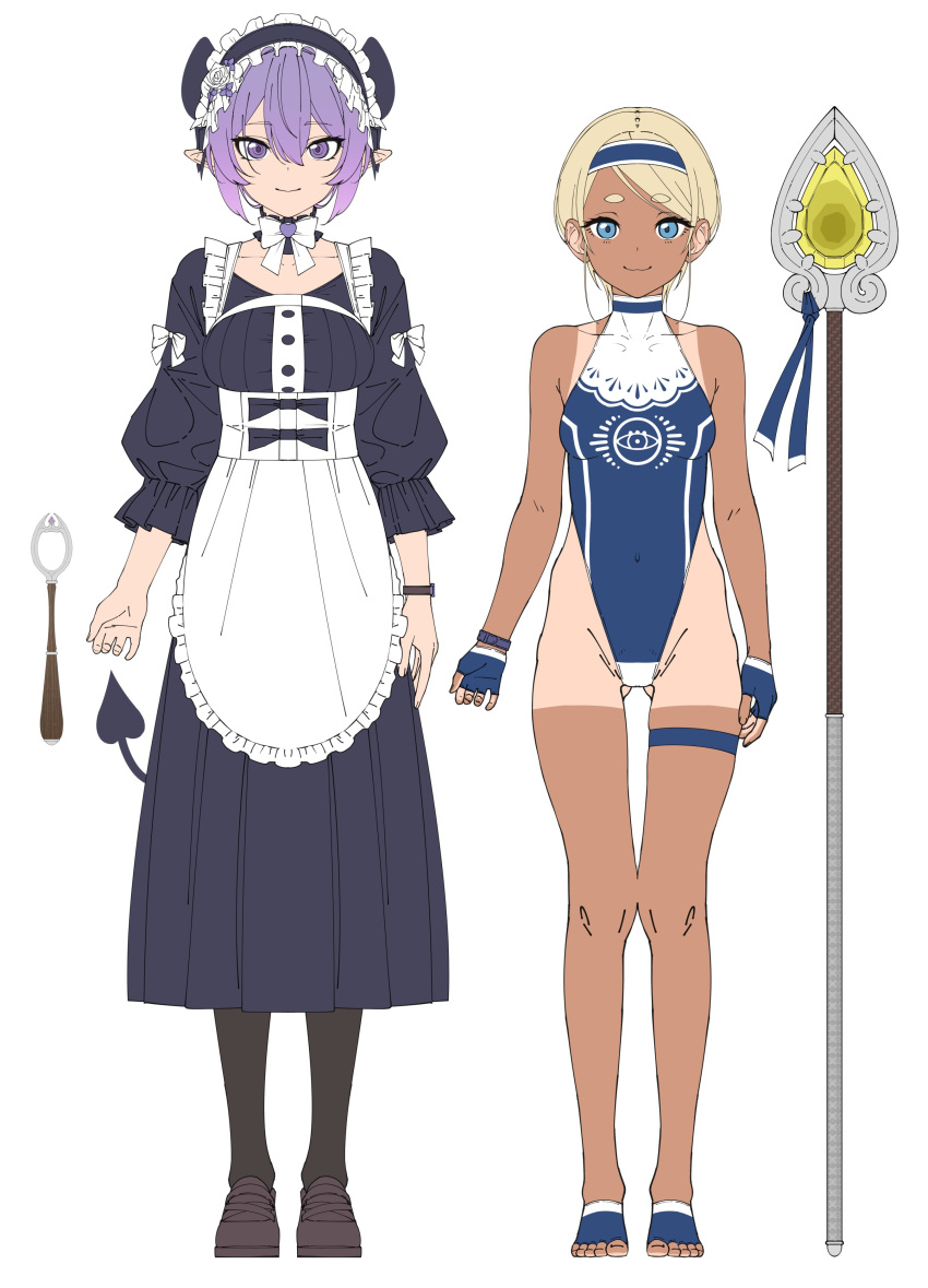 2girls absurdres ass_visible_through_thighs black_dress blonde_hair blue_eyes breasts demon_tail dress fingerless_gloves frilled_hairband frills full_body gloves hairband highleg highleg_swimsuit highres horns looking_at_viewer maid multiple_girls one-piece_swimsuit original pointy_ears purple_eyes purple_hair shinomu_(cinomoon) short_hair simple_background small_breasts smile straight-on swimsuit tail tan tanlines thigh_strap weapon white_background