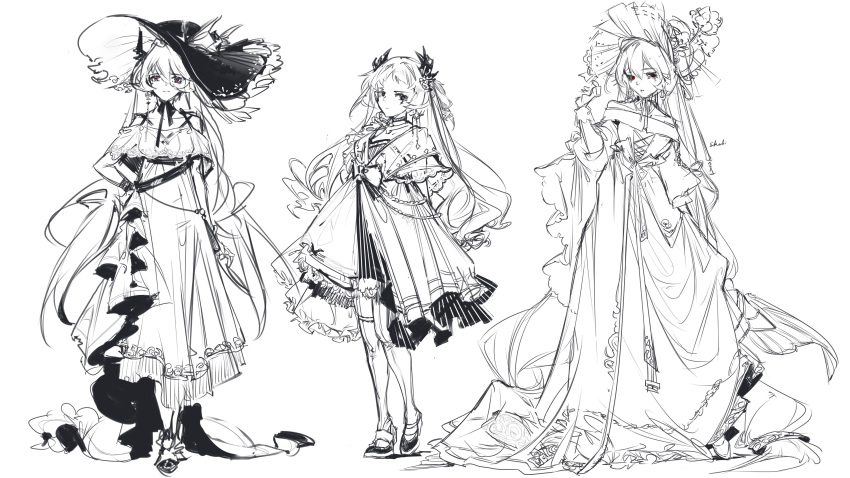 3girls absurdres arknights belt bonnet bow bowtie character_request chinese_commentary closed_mouth clothing_cutout commentary_request cross-laced_clothes cross-laced_sleeves dangle_earrings dongsheng dragon_horns dress earrings feather_hair_ornament feathers footwear_bow frilled_bonnet frilled_dress frills full_body greyscale hair_ornament hand_on_own_hip hat hat_bow highres horns jewelry layered_dress light_frown long_dress long_hair long_sleeves looking_at_viewer mary_janes monochrome multiple_girls over-kneehighs puffy_long_sleeves puffy_sleeves red_eyes scar scar_across_eye shoes short_sleeves shoulder_cutout signature simple_background sketch skirt_hold sleeve_ribbon spot_color standing striped_clothes striped_dress sun_hat thighhighs twintails vertical-striped_clothes vertical-striped_dress very_long_hair white_background wrist_cuffs