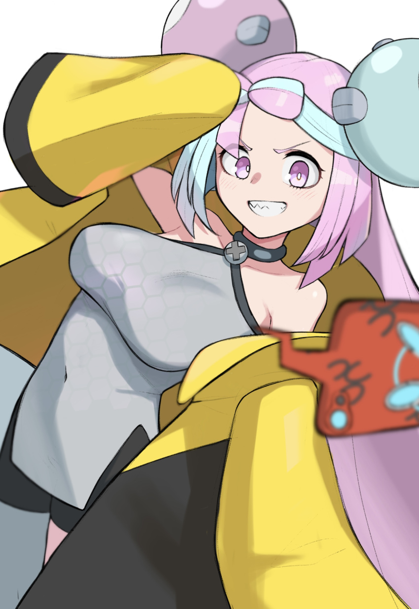 1girl absurdres alternate_breast_size arm_up black_shorts blurry blurry_foreground blush bow-shaped_hair breasts bright_pupils character_hair_ornament collarbone commentary_request grey_shirt grin hair_ornament highres iono_(pokemon) jacket long_hair multicolored_hair open_clothes open_jacket pink_hair pokemon pokemon_sv purple_eyes rotom rotom_phone shirt shorts single_leg_pantyhose sleeveless sleeveless_shirt sleeves_past_fingers sleeves_past_wrists smile teeth tsuneshima two-tone_hair white_pupils yellow_jacket