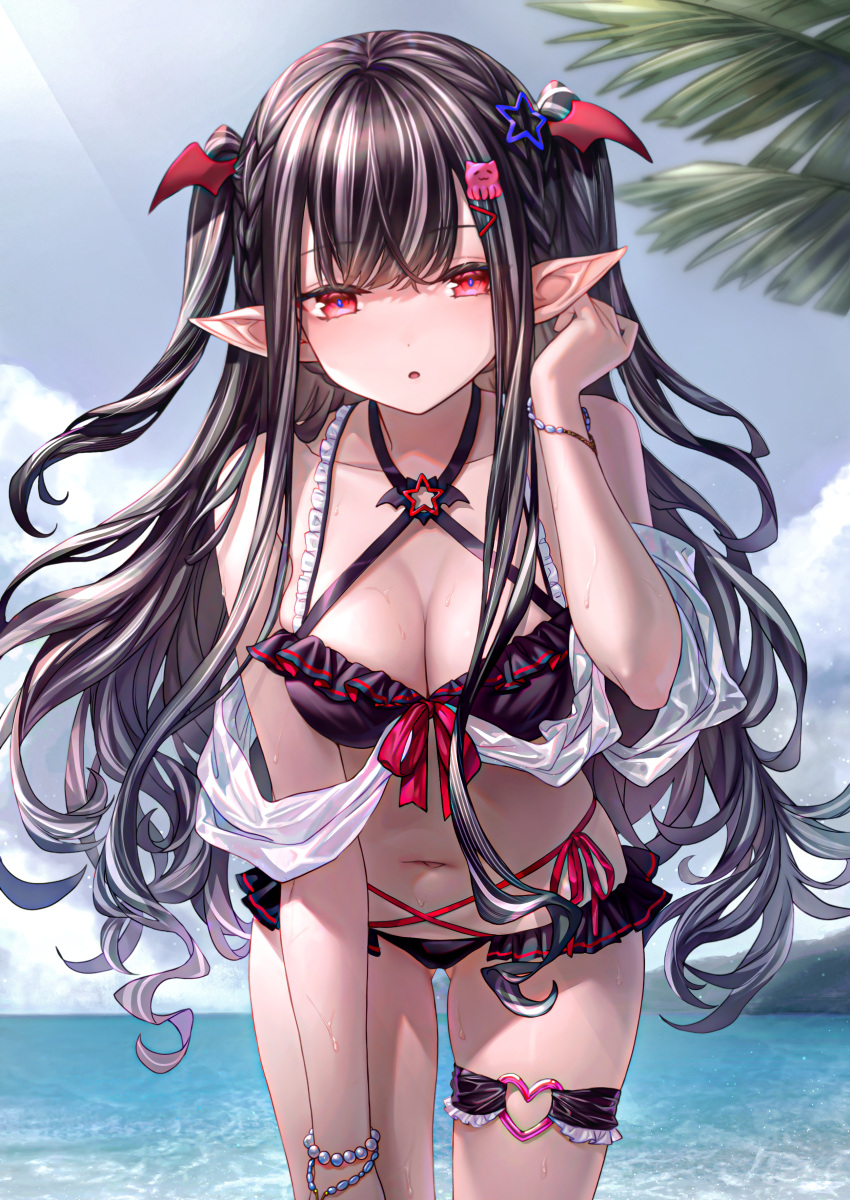 1girl absurdres bikini black_bikini black_hair blue_sky blush bracelet breasts bridal_garter cleavage cloud collarbone commentary day expressionless frilled_bikini frills hair_ornament head_wings highres horizon jewelry large_breasts leaning_forward leon_v long_hair looking_at_viewer navel ocean original outdoors parted_lips pointy_ears red_eyes sky solo swimsuit symbol-only_commentary two_side_up vampire very_long_hair water wings