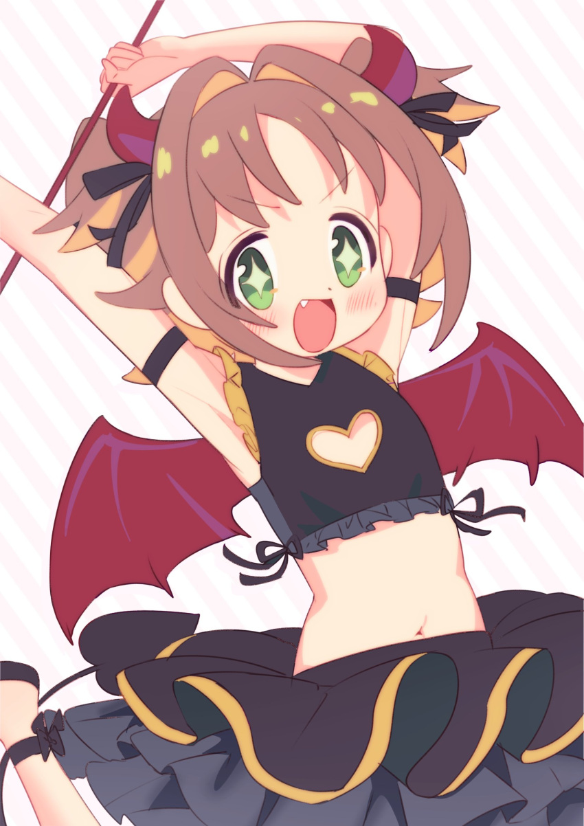 +_+ 1girl :d armpits arms_up bare_arms black_skirt blush brown_hair cleavage_cutout clothing_cutout colored_inner_hair commentary crop_top demon_costume demon_tail demon_wings fang flat_chest frills green_eyes heart_cutout highres horns looking_at_viewer midriff mochitsuki_kagami multicolored_hair navel official_alternate_costume oka_asahi onii-chan_wa_oshimai! open_mouth orange_hair red_horns short_hair simple_background skirt smile solo striped_background tail two-tone_hair white_background wings