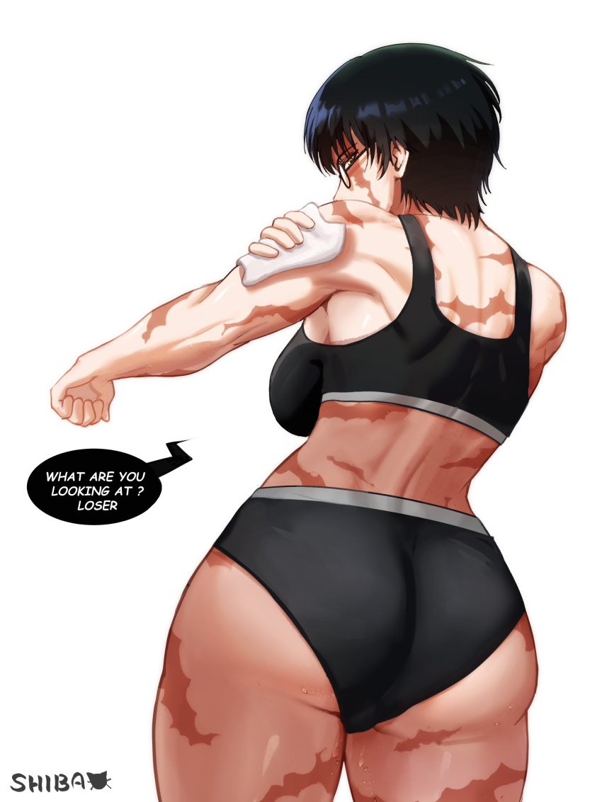 1girl absurdres artist_name ass black_hair black_panties black_sports_bra breasts burn_scar clenched_hand english_commentary english_text from_behind highres holding holding_towel jujutsu_kaisen large_breasts looking_at_viewer median_furrow multiple_scars muscular muscular_female panties round_eyewear scar scar_on_arm scar_on_back scar_on_face scars_all_over shibbunny short_hair solo speech_bubble sports_bra sweat thighs too_many too_many_scars towel underwear white_background yellow_eyes zen'in_maki