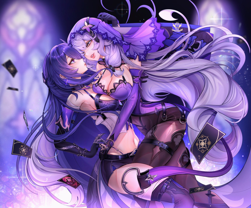 2girls acheron_(honkai:_star_rail) armpit_crease artist_logo bandaged_arm bandaged_leg bandages bare_shoulders belt black_belt black_gloves black_pantyhose black_shorts black_swan_(honkai:_star_rail) boots breast_press breasts card chain chain_around_arm cleavage coat coattails commentary commission dress earrings english_commentary gloves hair_ornament hand_on_another's_waist high-waist_shorts highres honkai:_star_rail honkai_(series) jewelry knee_in_crotch large_breasts long_hair looking_at_another midriff multicolored_hair multiple_belts multiple_girls myuutew navel pantyhose pantyhose_under_shorts parted_lips purple_dress purple_eyes purple_hair purple_sleeves purple_veil shorts sleeveless sleeveless_dress stained_glass streaked_hair thigh_boots thighs very_long_hair white_coat yellow_eyes yuri