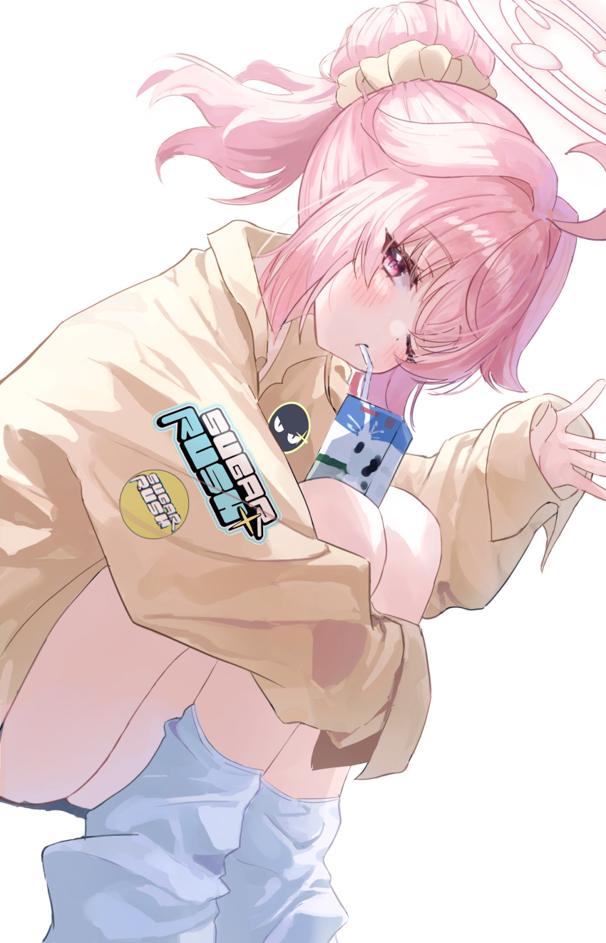 1girl absurdres ahoge ass blue_archive blush drink drinking_straw drinking_straw_in_mouth halo highres holding holding_drink jacket long_hair long_sleeves looking_at_viewer lunel natsu_(band)_(blue_archive) natsu_(blue_archive) official_alternate_costume one_eye_closed pink_eyes pink_hair pink_halo simple_background socks solo white_background white_socks yellow_jacket