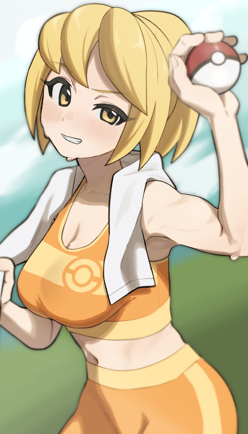 1girl battle_girl_(pokemon) bike_shorts blonde_hair blush breasts cleavage commentary_request fujinari grin highres holding holding_poke_ball holding_towel navel orange_sports_bra poke_ball poke_ball_(basic) pokemon pokemon_dppt ponytail smile solo sports_bra sweat teeth towel towel_around_neck white_towel yellow_eyes