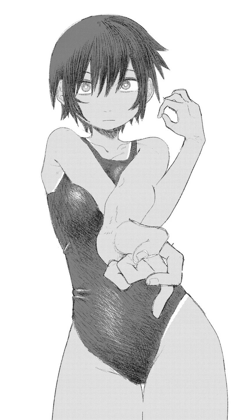 1girl collarbone competition_swimsuit dithering ero_kingdom_ceo flexing greyscale highres looking_at_viewer monochrome one-piece_swimsuit original short_hair simple_background solo standing swimsuit