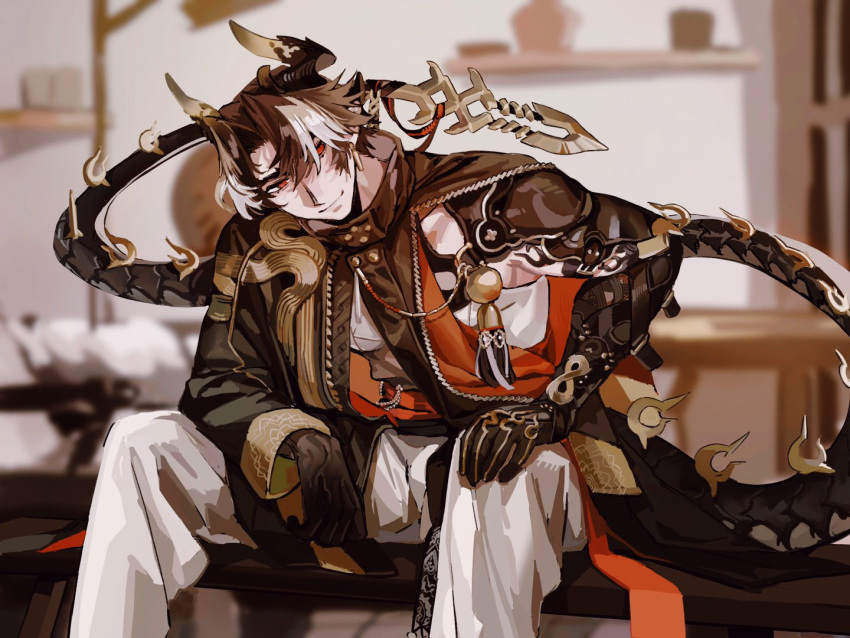 1boy 3000zialg arknights armor bench brown_background brown_hair brown_horns chinese_clothes chong_yue_(arknights) closed_mouth dragon_boy dragon_horns dragon_tail feet_out_of_frame high_collar horns indoors long_sleeves long_tail looking_at_viewer male_focus multicolored_hair pants pauldrons red_eyes rerebrace ribbon short_hair shoulder_armor single_pauldron single_sleeve sitting smile solo streaked_hair tail tail_ornament tail_ribbon white_hair white_pants wide_sleeves