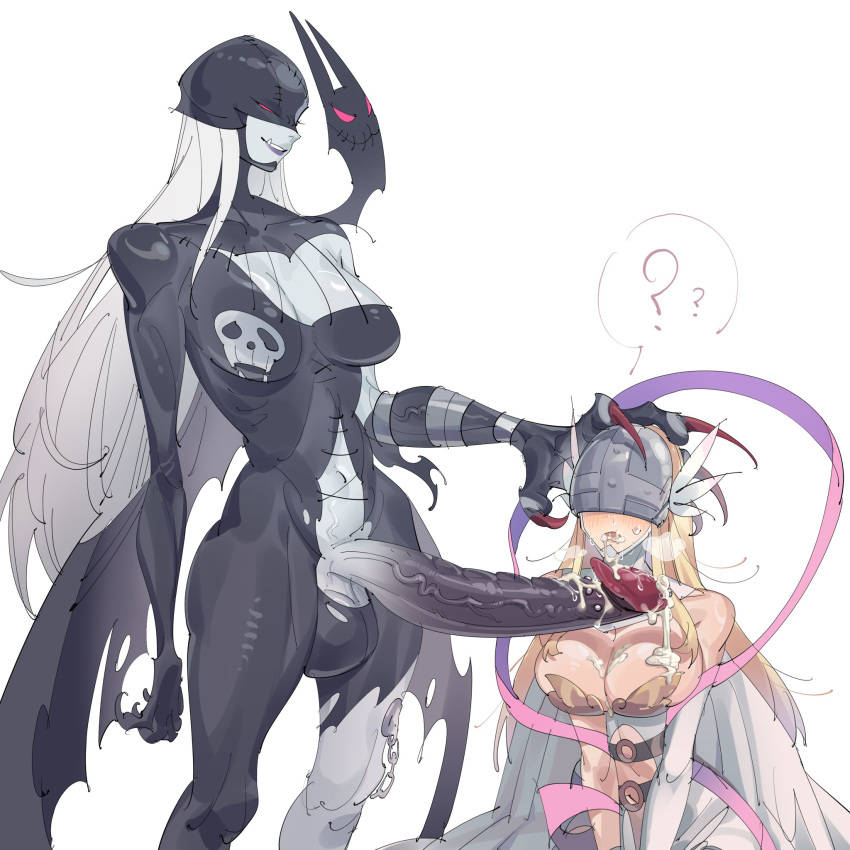 2girls ? ?? angel angel_wings angewomon armor bare_shoulders belt black_bodysuit black_lips black_mask blonde_hair blush bodysuit breastplate breasts cleavage clothing_cutout colored_skin covered_eyes cowboy_shot cum cum_in_mouth cum_on_body cum_on_breasts demon_girl digimon digimon_(creature) english_commentary facial_hair fang feathered_wings full-package_futanari futanari gloves grey_skin head_grab head_wings helmet helmet_over_eyes highres huge_penis ladydevimon large_breasts long_hair multiple_girls navel o-ring penis pink_ribbon red_nails ribbon simple_background single_glove speech_bubble stitches stomach_cutout testicles torn_bodysuit torn_clothes upper_body very_long_fingernails white_background white_gloves white_hair white_wings wings zocehuy