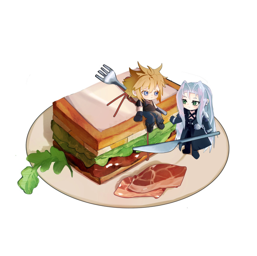 2boys armor bacon belt black_footwear black_gloves black_pants blonde_hair blue_eyes blue_pants blush boots butter_knife chest_strap chibi cloud_strife expressionless final_fantasy final_fantasy_vii final_fantasy_vii_remake food fork full_body gloriay1a gloves green_eyes grey_hair hand_up high_collar highres holding holding_knife holding_utensil knife lettuce light_smile long_bangs long_hair long_sleeves male_focus mini_person miniboy multiple_boys on_plate pants parted_bangs pauldrons plate sandwich sephiroth short_hair shoulder_armor single_pauldron sitting sleeveless spiked_hair suspenders very_long_hair white_background