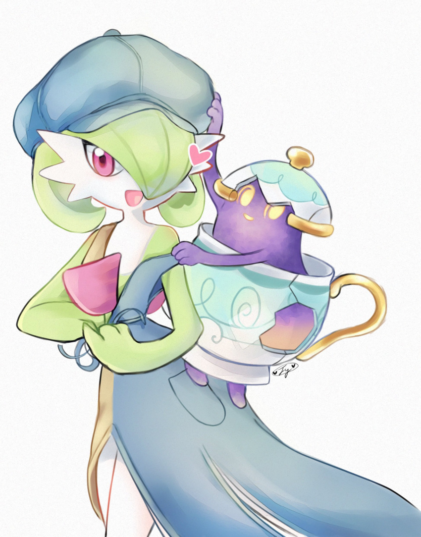 absurdres clothed_pokemon colored_skin crack dress gardevoir gardevoir_(cafe) ghost green_hair hair_over_one_eye hat heart highres krystalstar70 looking_at_viewer multicolored_skin open_mouth pink_eyes pokemon pokemon_(creature) pokemon_unite signature simple_background sinistea smile teapot two-tone_dress two-tone_skin white_skin yellow_eyes