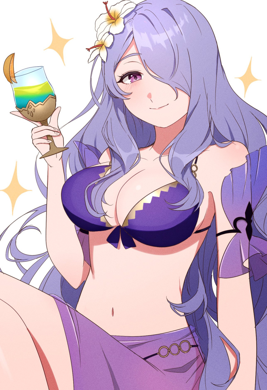 1girl bikini blush breasts camilla_(fire_emblem) camilla_(summer)_(fire_emblem) cleavage cup drink fire_emblem fire_emblem_fates fire_emblem_heroes flower gmais2514 hair_flower hair_ornament hair_over_one_eye highres holding holding_drink large_breasts long_hair looking_at_viewer navel official_alternate_costume purple_bikini purple_eyes purple_hair sarong simple_background smile solo swimsuit tropical_drink very_long_hair wavy_hair white_background