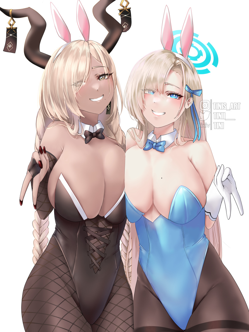 2girls absurdres alternate_costume animal_ears asuna_(blue_archive) asuna_(bunny)_(blue_archive) asymmetrical_docking azur_lane blue_archive blue_eyes blue_halo blue_leotard bow bowtie braid breast_press breasts brown_leotard brown_pantyhose center_opening cleavage dark-skinned_female dark_skin detached_collar elbow_gloves eyes_visible_through_hair fake_animal_ears fingerless_gloves fishnet_pantyhose fishnets gloves hair_over_one_eye halo highleg highleg_leotard highres huge_breasts leotard light_brown_hair long_hair looking_at_viewer mole mole_on_breast mole_under_mouth multiple_girls official_alternate_costume owari_(azur_lane) pantyhose playboy_bunny rabbit_ears smile strapless strapless_leotard thighband_pantyhose tini traditional_bowtie trait_connection twin_braids very_long_hair white_gloves
