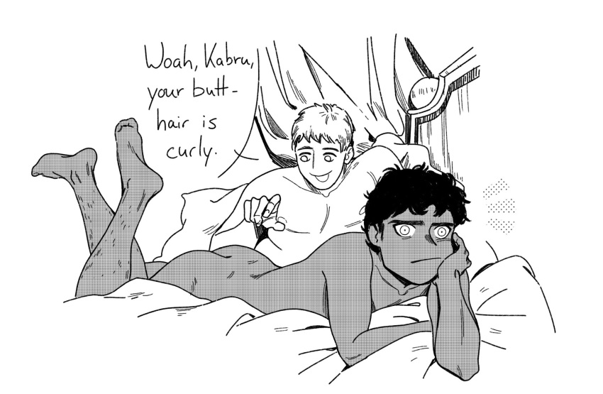 2boys bed_sheet closed_mouth completely_nude curtains dark-skinned_male dark_skin dungeon_meshi english_commentary english_text full_body hand_on_own_cheek hand_on_own_face hand_up highres indoors kabru laios_touden leg_hair looking_at_another looking_at_viewer lying male_focus multiple_boys nipples nude on_bed on_stomach open_mouth pillow raccoon0ncaf short_hair sparse_leg_hair speech_bubble very_short_hair white_background yaoi