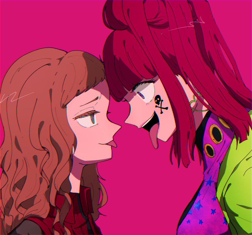 2girls blunt_bangs brown_hair corruption dark_persona earrings gnosia heart heart_earrings high_ponytail highres jewelry kukrushka_(gnosia) light_brown_hair long_hair long_sleeves looking_at_viewer multiple_girls onohi red_hair skull_tattoo sq_(gnosia) tattoo upper_body