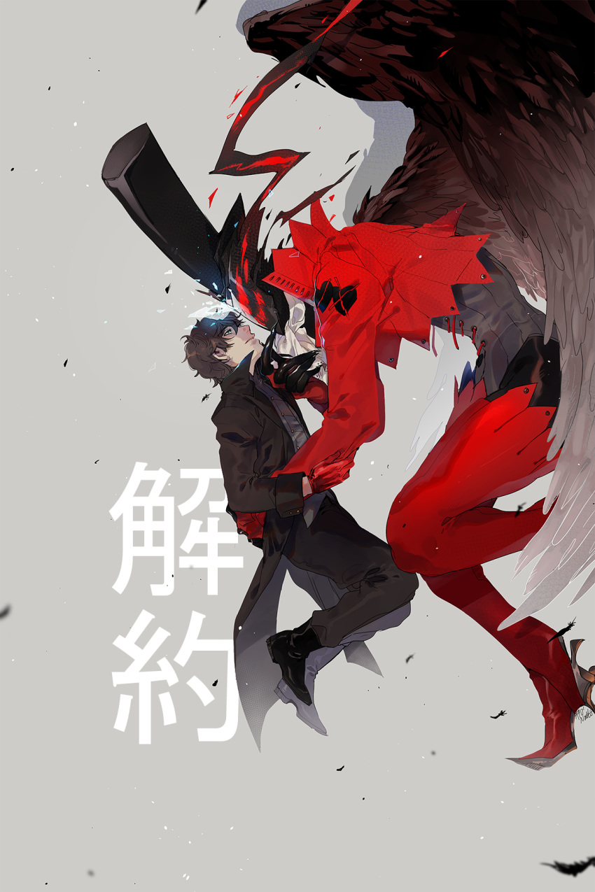 1boy 1other amamiya_ren arsene_(persona_5) ascot black_hair black_wings boots coat cropped_jacket eye_contact falling_feathers feathered_wings feathers fingernails floating gloves hat high_heel_boots high_heels highres jacket long_sleeves looking_at_another male_focus mallius pants persona persona_5 red_gloves sharp_fingernails short_hair simple_background thigh_boots top_hat wings