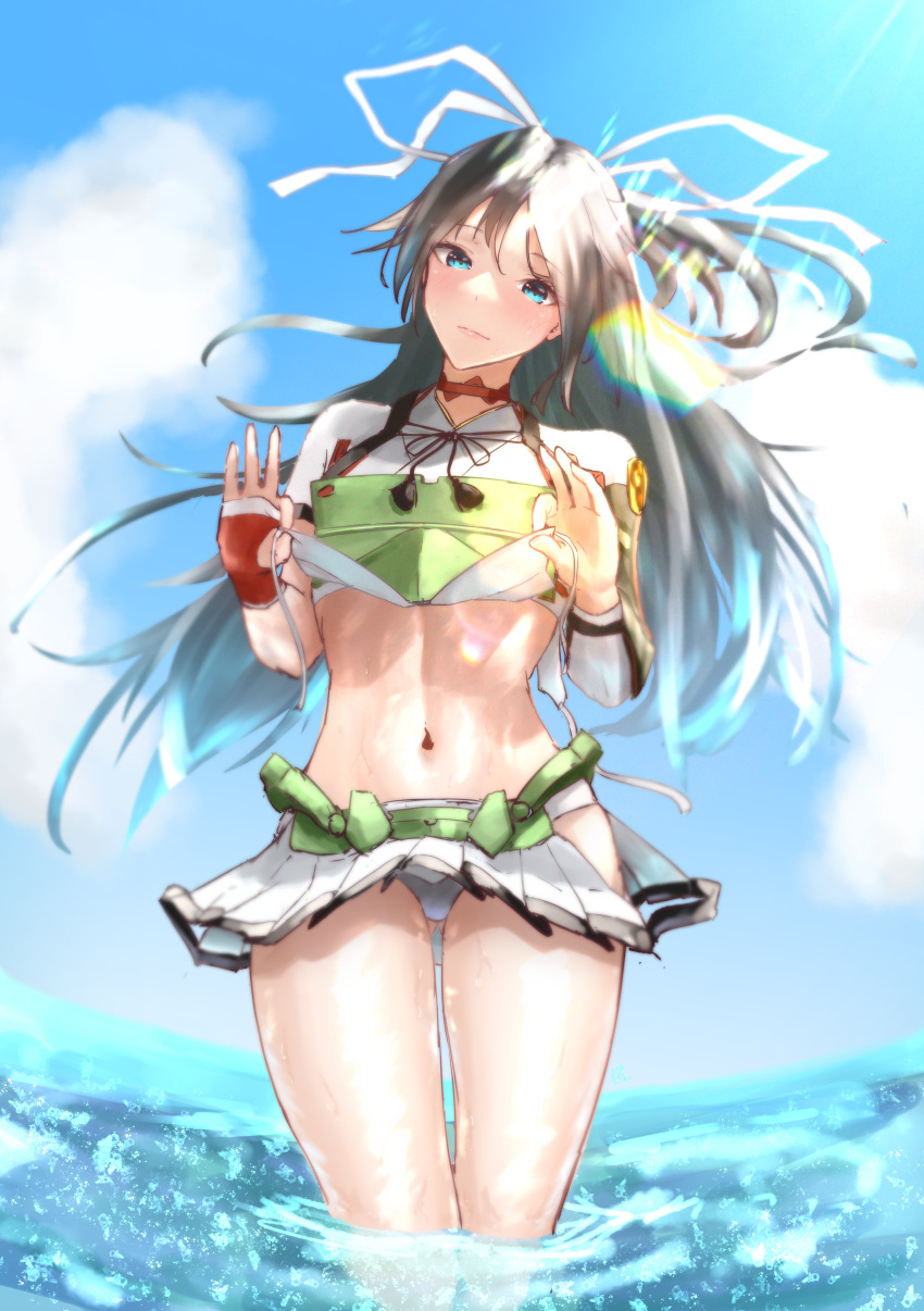 1girl absurdres ass_visible_through_thighs asymmetrical_hair black_hair blue_eyes blue_sky crop_top day fingerless_gloves flat_chest gloves hair_ribbon highres hip_vent kantai_collection katsuragi_(kancolle) katsuragi_kai_(kancolle) long_hair looking_at_viewer midriff miniskirt muneate navel ocean outdoors panties pleated_skirt ponytail red_gloves ribbon shushan single_glove skirt sky solo standing underwear very_long_hair wading white_panties white_ribbon white_skirt wide_ponytail wind wind_lift