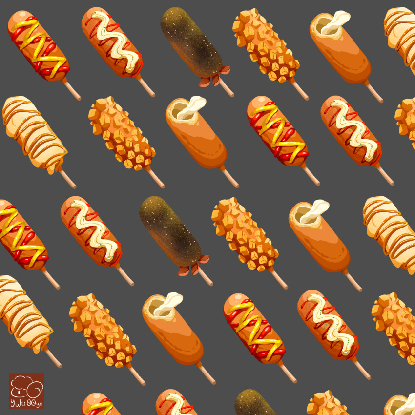 artist_logo corn_dog food food_focus highres ketchup no_humans original sauce yuki00yo