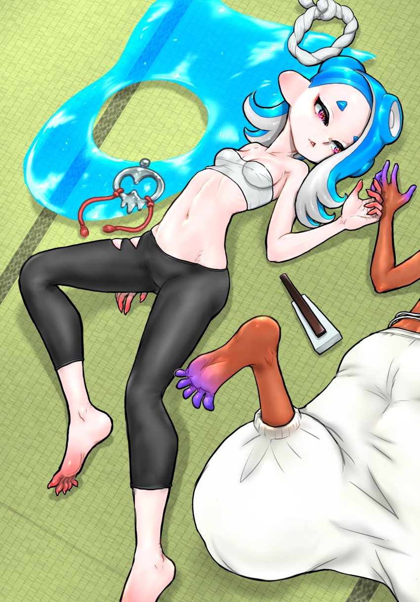 2girls black_leggings blue_hair breasts cephalopod_eyes chest_sarashi cleavage colored_skin dark-skinned_female dark_skin eyeliner folded_fan folding_fan frye_(splatoon) gradient_skin groin hachimaki hand_fan harem_pants headband highres hip_bones horizontal_pupils koharu2.5 leggings long_hair lying makeup multicolored_skin multiple_girls navel nejiri_hachimaki on_back on_stomach pants pink_eyes purple_skin red_eyeliner red_pupils red_skin sarashi shiver_(splatoon) short_eyebrows small_breasts solo_focus splatoon_(series) splatoon_3 suction_cups tatami tentacle_hair two-tone_skin white_pants