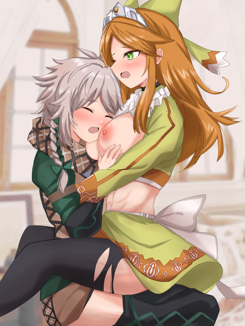 1boy 1girl abs braid breast_smother breasts breasts_out brown_hair clanne_(fire_emblem) closed_eyes clothed_sex commission etie_(fire_emblem) face_to_breasts fire_emblem fire_emblem_engage grabbing grabbing_another's_breast green_eyes groping highres long_hair medium_breasts midriff nipples open_mouth orange_hair pantyhose sex short_hair sitting sitting_on_lap sitting_on_person skeb_commission skirt tiara torn_clothes toshimasa_(ztvy3575)