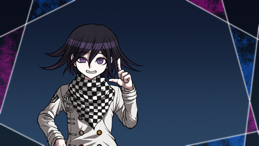 1boy arm_belt belt black_scarf blue_background buttons chain checkered_clothes checkered_scarf commentary_request cowboy_shot crazy_eyes crazy_grin crest danganronpa_(series) danganronpa_v3:_killing_harmony double-breasted hair_between_eyes hand_on_own_hip jacket layered_sleeves long_sleeves looking_at_viewer male_focus multicolored_buttons multiple_belts official_style oma_kokichi outside_border pale_skin parody pointing pointing_up polka_dot polka_dot_background purple_eyes purple_hair scarf short_hair simple_background solo style_parody two-tone_scarf white_belt white_jacket white_scarf white_sleeves yumaru_(marumarumaru)