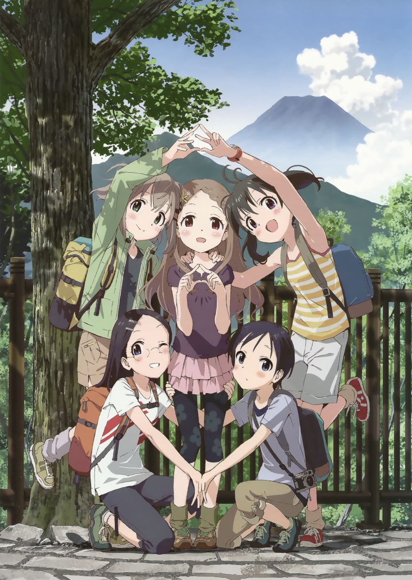 5girls :d absurdres aoba_kokona arms_up backpack bag black_hair blue_sky blush brown_eyes brown_hair cloud collarbone forest glasses green_eyes green_footwear hair_ornament hairclip highres jacket kuraue_hinata kurosaki_honoka long_hair long_sleeves looking_at_viewer matsuo_yuusuke multiple_girls nature non-web_source official_art one_eye_closed open_mouth outdoors pants saitou_kaede_(yama_no_susume) scan shirt shoes short_hair short_sleeves shorts sky sleeveless smile sneakers standing tree yama_no_susume yukimura_aoi