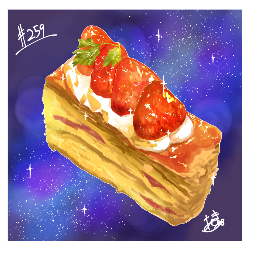 absurdres border food food_focus fruit highres no_humans original pastry starry_background strawberry takisou_sou whipped_cream white_border