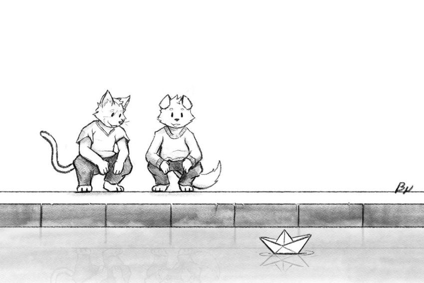 anthro bruno_borker canid canine canis clothed clothing domestic_cat domestic_dog duo felid feline felis male mammal paper_boat reflection reflective_floor simple_background street water