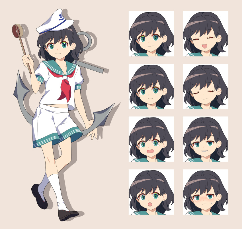 1girl 4rion absurdres anchor anchor_symbol black_footwear black_hair closed_eyes closed_mouth commentary_request expressions full_body green_eyes green_sailor_collar grey_background hat highres holding kneehighs midriff_peek murasa_minamitsu neckerchief open_mouth puffy_short_sleeves puffy_sleeves red_neckerchief sailor_collar sailor_hat sailor_shirt school_uniform serafuku shirt short_hair short_sleeves shorts simple_background socks standing tachi-e touhou white_hat white_shirt white_shorts white_socks