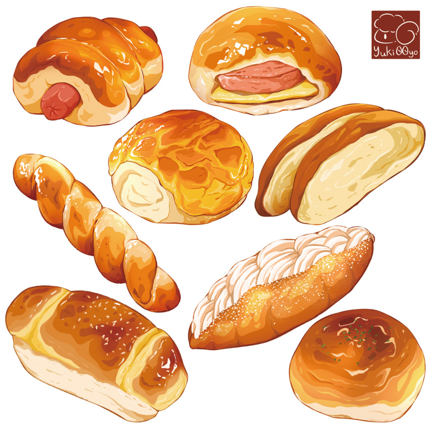 artist_logo bread cream food food_focus highres no_humans original pastry sausage simple_background white_background yuki00yo