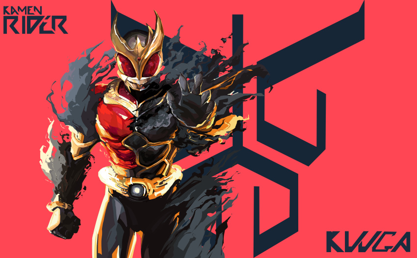 1boy absurdres arcle_(kuuga) armor belt black_armor bodysuit character_name compound_eyes gloves gold_horns gurongi helmet henshin highres horns kamen_rider kamen_rider_kuuga kamen_rider_kuuga_(series) kamen_rider_kuuga_(ultimate_form) looking_at_viewer male_focus mask reaching reaching_towards_viewer red_eyes rider_belt rty17369287581 smoke solo split_theme standing tokusatsu weapon