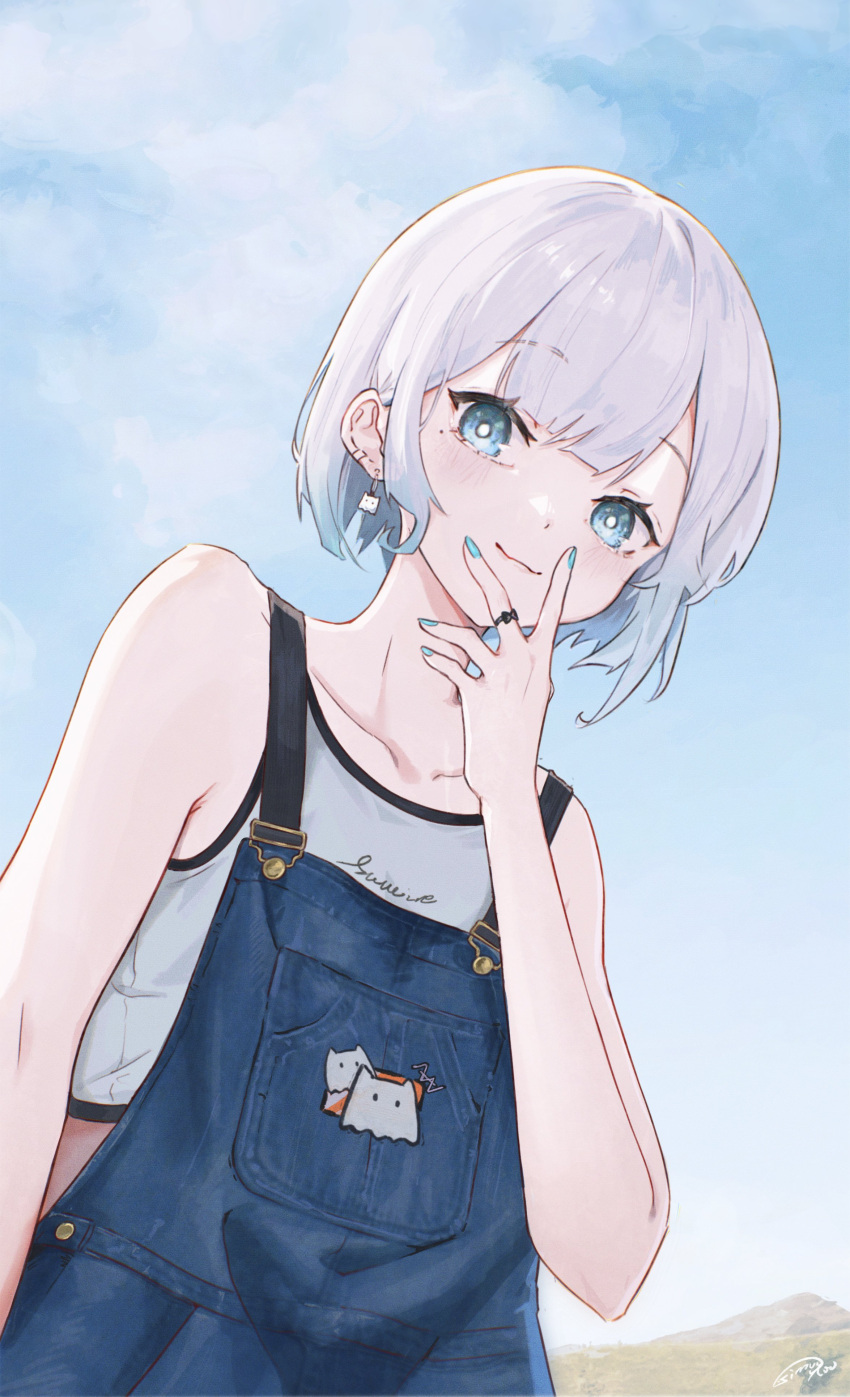 1girl absurdres bare_shoulders blue_eyes blue_hair blue_nails blue_overalls blue_sky closed_mouth cloud cloudy_sky collarbone crop_top day denim_overalls dot_nose dutch_angle earrings gradient_hair hand_up highres jewelry kaga_sumire looking_at_viewer lupinus_virtual_games mole mole_under_eye multicolored_hair nail_polish outdoors overalls signature simuyutou sky smile solo tank_top upper_body v_over_mouth virtual_youtuber vspo! white_hair white_tank_top