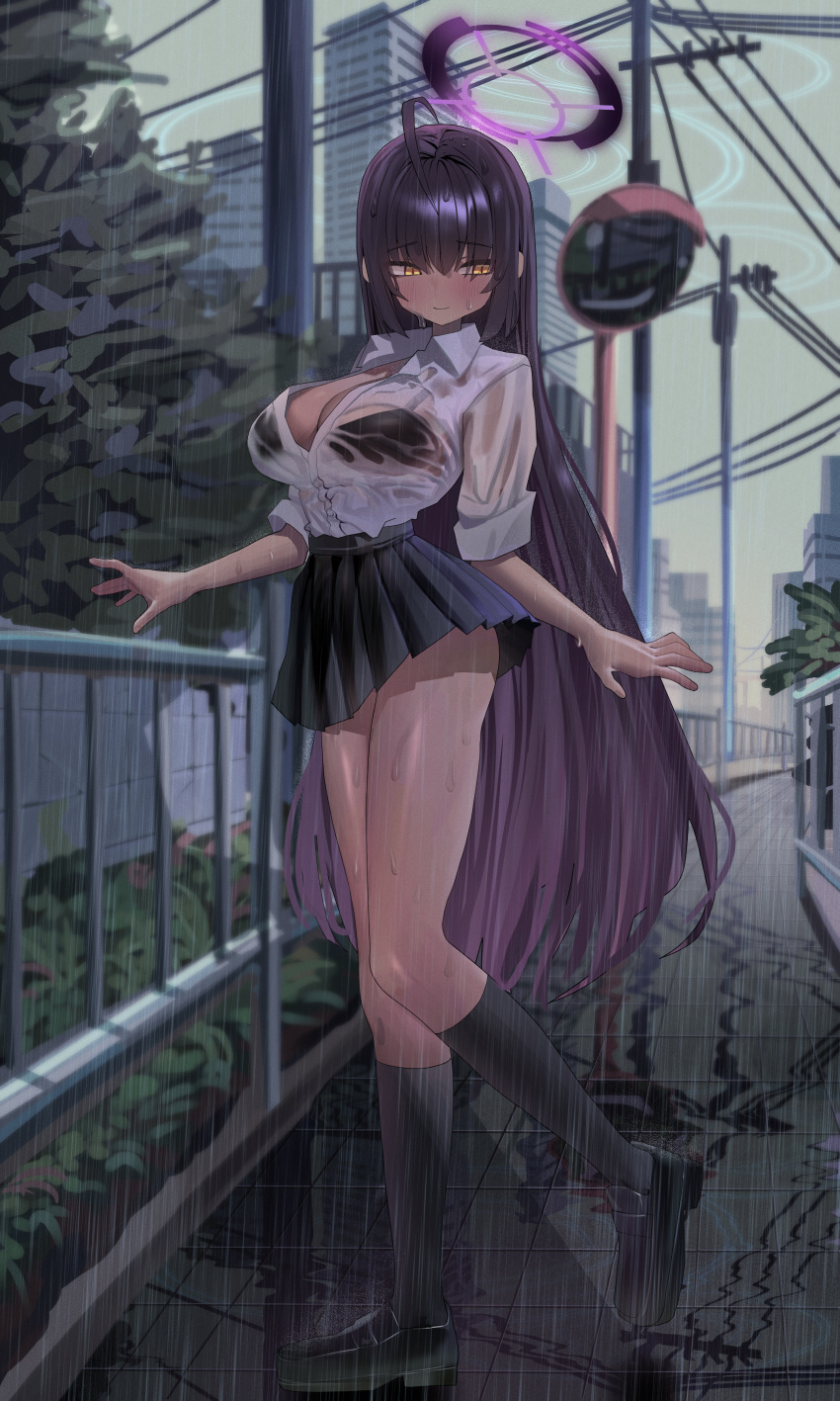 1girl absurdres ahoge black_footwear black_skirt blue_archive blush bra bra_visible_through_clothes breasts brown_rat building closed_mouth collared_shirt dark-skinned_female dark_skin full_body halo highres karin_(blue_archive) kneehighs large_breasts long_hair looking_at_viewer miniskirt puddle purple_hair rain reflection school_uniform see-through shirt shoes skirt smile socks solo standing underwear very_long_hair wet wet_clothes white_shirt yellow_eyes