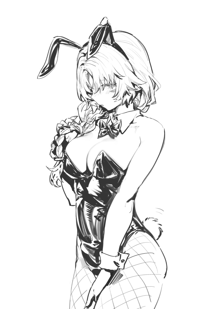 1girl absurdres animal_ears bow bowtie breasts cleavage cowboy_shot detached_collar facial_mark fake_animal_ears fake_tail fishnet_pantyhose fishnets greyscale highres holding holding_hair large_breasts leon_v long_braid long_hair looking_down monochrome original pantyhose playboy_bunny rabbit_ears rabbit_tail simple_background sketch solo tail wrist_cuffs