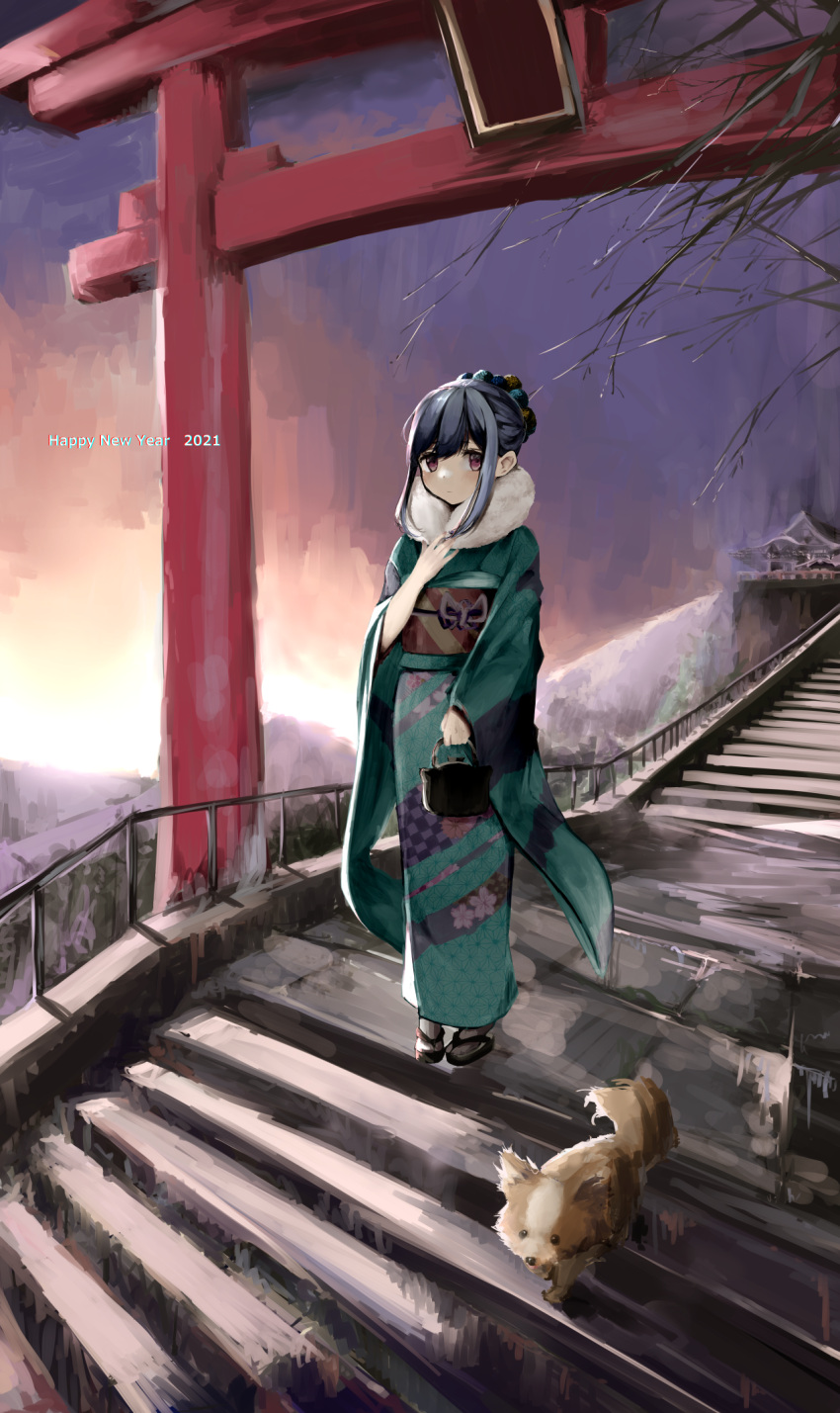 1girl bangs blue_hair closed_mouth dog furisode green_kimono hair_ornament highres japanese_clothes kimono kinchaku leadin_the_sky long_hair long_sleeves looking_at_viewer mountainous_horizon multicolored multicolored_clothes new_year obi obijime pouch purple_eyes sash shima_rin solo stairs standing striped_clothes tabi torii welsh_corgi yurucamp