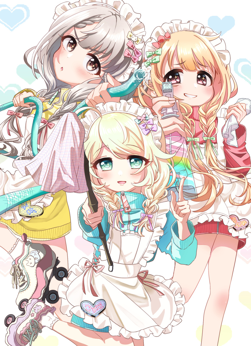 3girls :o alternate_costume apron aqua_jacket bare_legs blonde_hair blush bow braid duster enmaided futaba_anzu grey_hair hair_bow heart heart_background highres hisakawa_nagi holding holding_duster holding_hose holding_sprayer hose idolmaster idolmaster_cinderella_girls jacket jersey_maid looking_at_viewer maid maid_apron maid_headdress multiple_girls red_jacket roller_skates shiningrainbow294 skates smile sprayer track_jacket twin_braids unconventional_maid white_apron yellow_jacket yusa_kozue