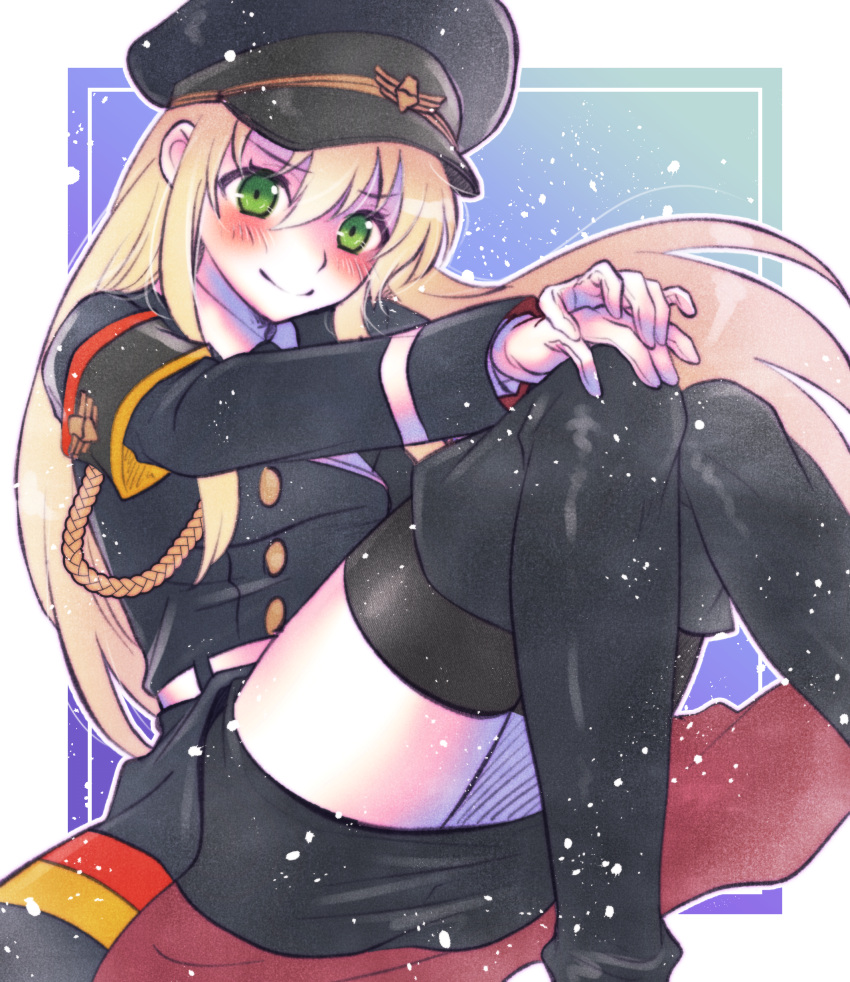 absurdres ao_(yashuring) armband black_skirt blonde_hair blush boots coat commission commissioner_upload embarrassed girls'_frontline gloves green_eyes hat highres long_hair looking_at_viewer military_hat military_uniform necktie shirt sitting skeb_commission skirt smile stg44_(girls'_frontline) thighhighs thighs uniform very_long_hair white_gloves white_shirt