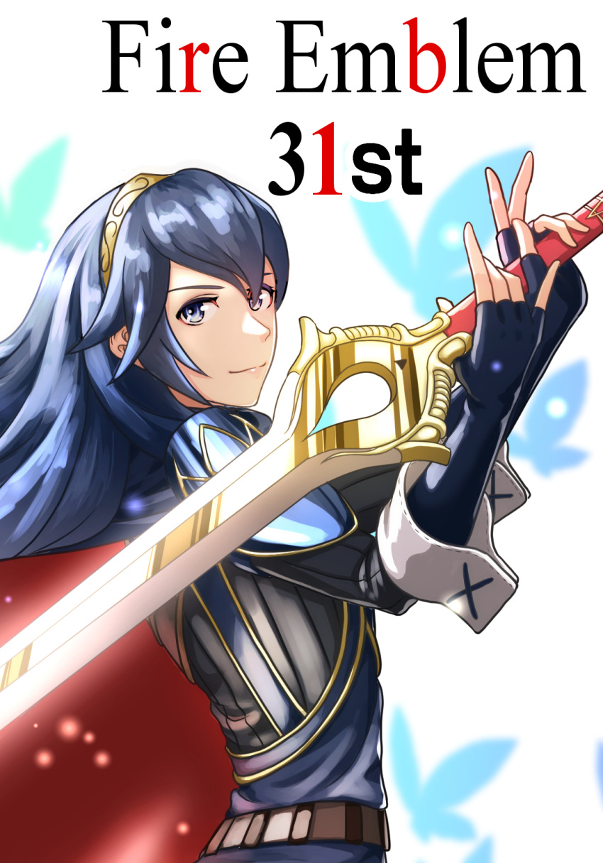 1girl armor blue_eyes blue_hair bug butterfly cape falchion_(fire_emblem) fingerless_gloves fire_emblem fire_emblem_awakening full_body gloves hair_between_eyes highres insect jewelry long_hair looking_at_viewer lucina_(fire_emblem) simple_background smile solo sukkirito_(rangusan) sword tiara weapon