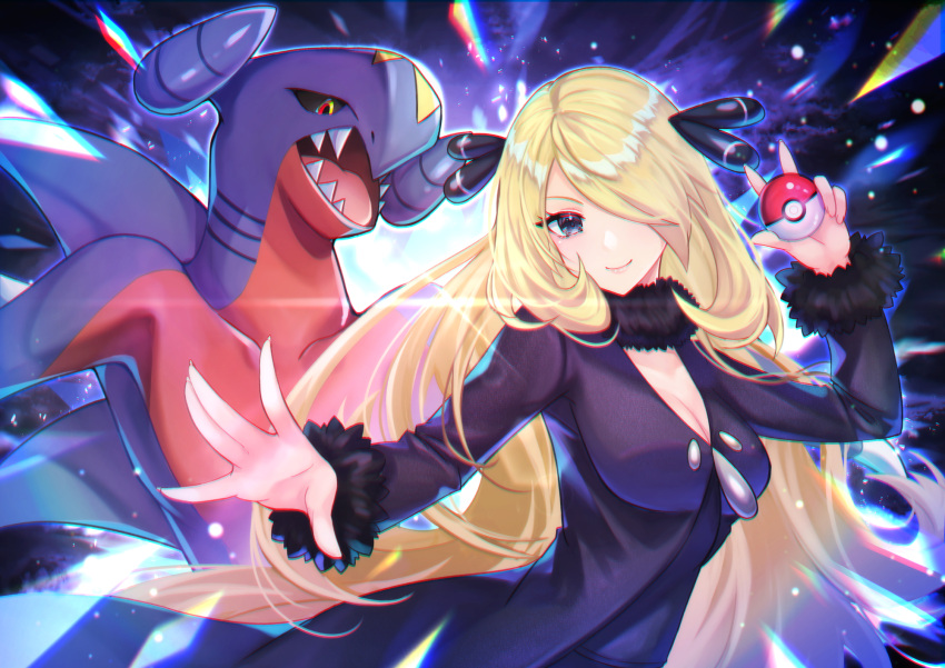 1girl black_collar blonde_hair breasts chromatic_aberration cleavage coat collar commentary_request cynthia_(pokemon) fur-trimmed_coat fur_collar fur_trim garchomp hair_ornament hair_over_one_eye hand_up highres holding holding_poke_ball long_hair mizunozumi outstretched_arm poke_ball poke_ball_(basic) pokemon pokemon_(creature) pokemon_dppt w