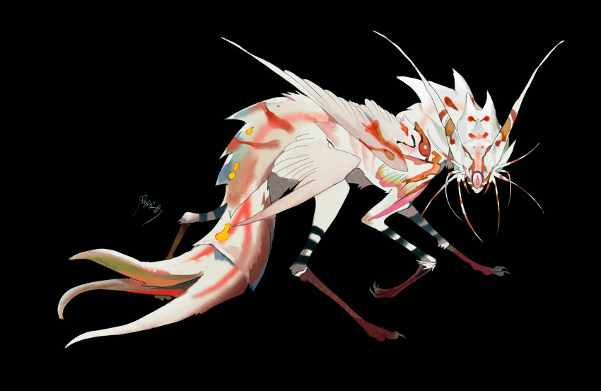 animal_focus antennae black_background claws feathered_wings forked_tail full_body highres kamikiririp looking_at_viewer monster multiple_wings no_humans one-eyed original pink_eyes signature simple_background solo tail whiskers wings