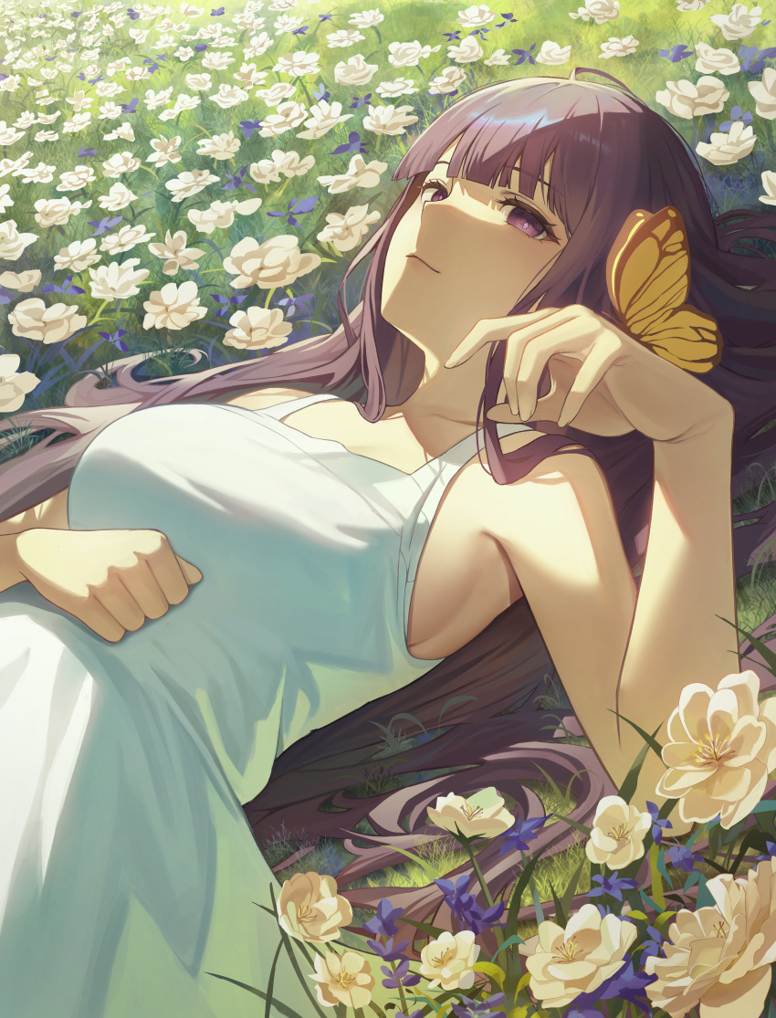 1girl absurdres breasts bug butterfly closed_mouth day dress fern_(sousou_no_frieren) field flower flower_field highres insect_on_finger large_breasts long_hair lying on_back purple_eyes purple_hair sideboob solo sousou_no_frieren unnunal_(unneonal) upper_body very_long_hair white_dress white_flower yellow_butterfly