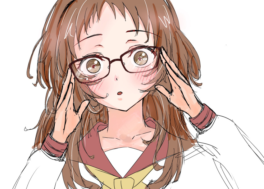 1girl adjusting_eyewear black-framed_eyewear blush brown_eyes brown_hair collarbone commentary_request glasses highres long_sleeves looking_at_viewer mie_ai neckerchief parted_lips rectangular_eyewear red_sailor_collar sailor_collar school_uniform serafuku shirt simple_background sketch solo sukinako_ga_megane_wo_wasureta upper_body white_background white_shirt yellow_neckerchief yofukashi_(mintear5)