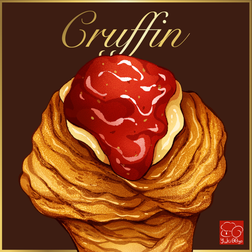 artist_logo brown_background food food_focus food_name gold_border highres jam muffin no_humans original pastry yuki00yo