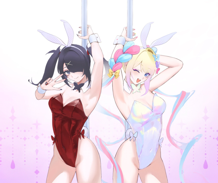 2girls alternate_costume ame-chan_(needy_girl_overdose) animal_ear_hairband animal_ears arm_up armpits arms_up bad_id bad_twitter_id bare_shoulders black_hair blonde_hair blue_eyes blue_hair braid breasts chouzetsusaikawa_tenshi-chan cleavage covered_navel cowboy_shot detached_collar dual_persona eyeshadow fake_animal_ears hair_ornament hair_over_one_eye hairband hand_up highres holographic_clothing large_breasts leotard long_hair looking_at_viewer makeup mizureito multicolored_hair multiple_girls needy_girl_overdose official_alternate_costume one_eye_closed open_mouth pink_eyeshadow pink_hair playboy_bunny pole rabbit_ear_hairband rabbit_ears rabbit_tail red_leotard smile standing strapless strapless_leotard stripper_pole tail twin_braids twintails w white_hairband white_leotard wrist_cuffs x_hair_ornament